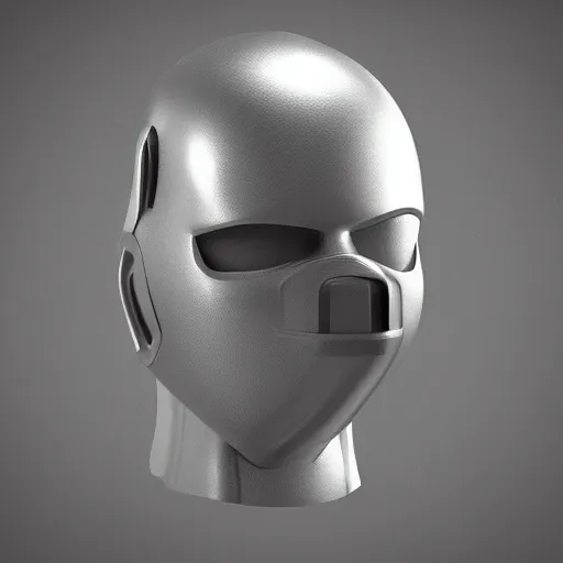 Image similar to concept design for a solid plate featureless metallic mask, 3 d render, volumetric lighting, unreal engine