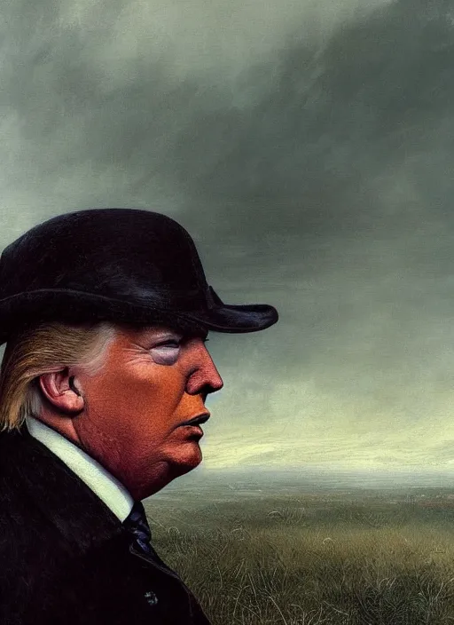 Image similar to portrait of donald trump in anguish a desolate misty landscape, closeup, painted by caspar david friedrich and greg rutkowski