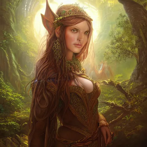 Prompt: portrait of a elven woman ( 3 5 ) from lothlorien, an oil painting by ross tran and thomas kincade