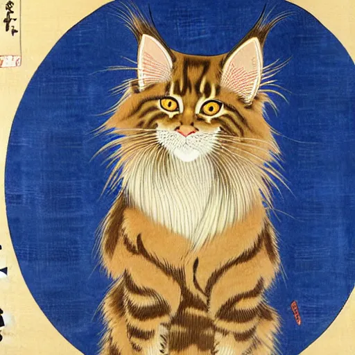 Image similar to beautiful portrait ukiyo - e painting of an ginger maine coon by kano hideyori, kano tan'yu, kaigetsudo ando, miyagawa choshun, okumura masanobu, kitagawa utamaro