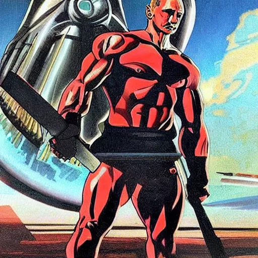 Image similar to A very muscular Vladimir Putin with a futuristic weapon in his hands, against the background of fighting against aliens, detailed style, super quality.