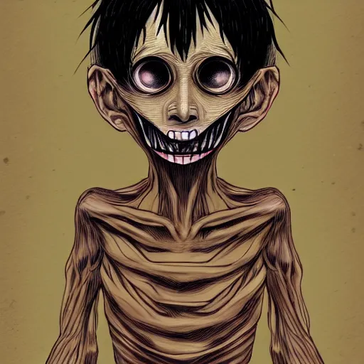 Image similar to a dark brown humanoid, hyper detailed, in the style of junji ito and and junji ito and junji ito, selfie