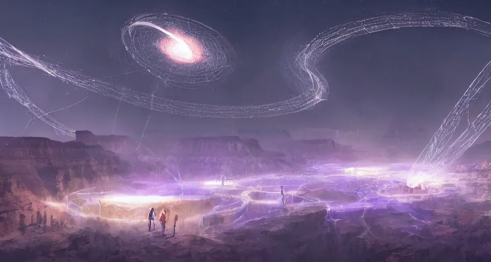 Image similar to night, a lot of people and a spiral - shaped white luminous attractor is floating in grand canyon, concept art, art for the game, professional lighting, art