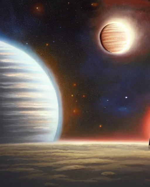 Image similar to a painting of a man standing in front of a planet, a detailed matte painting by david a. hardy and by les edwards and by ralph mcquarrie, featured on deviantart, space art, sci - fi, dystopian art, matte painting