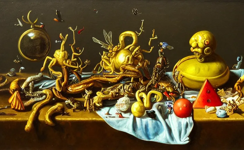 Image similar to disturbing colorful oil painting dutch golden age vanitas still life with bizarre objects strange gooey surfaces shiny metal bizarre insects rachel ruysch dali todd schorr very detailed perfect composition rule of thirds masterpiece canon 5 0 mm, cinematic lighting, photography, retro, film, kodachrome