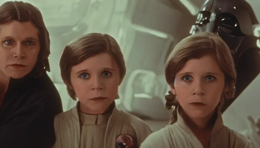 Image similar to film still of carrie fisher and mark hamill as children in new star wars movie, dramatic lighting, highly detailed face, kodak film, wide angle shot,