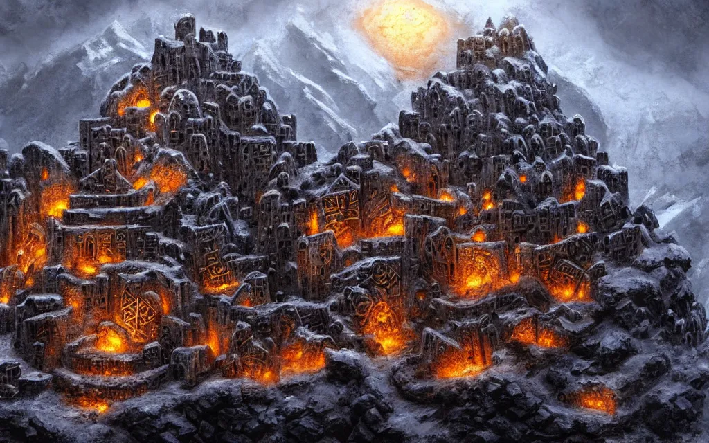 Image similar to a dwarven fortress that was chiseled out of a snowy mountain, matte oil painting, covered in runes, lava rivers, epic, medieval fantasy landscape, deep halls, torches, waterwheels, ornate jewels, trading depots, steel infrastructure, extremely detailed, sharp focus