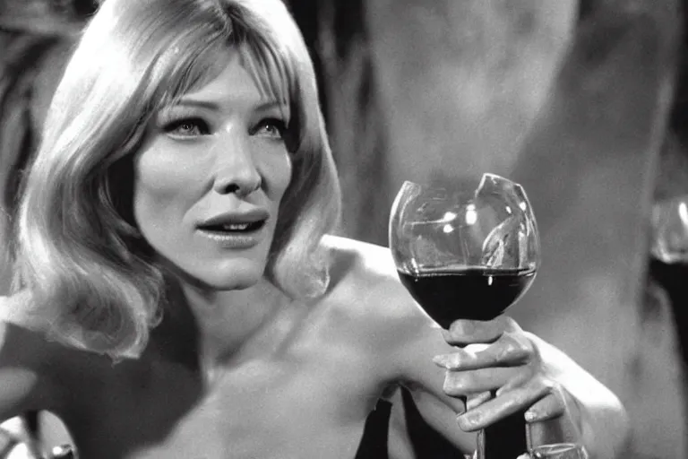 Prompt: cate blanchett drinking wine in barbarella (1968), movie still