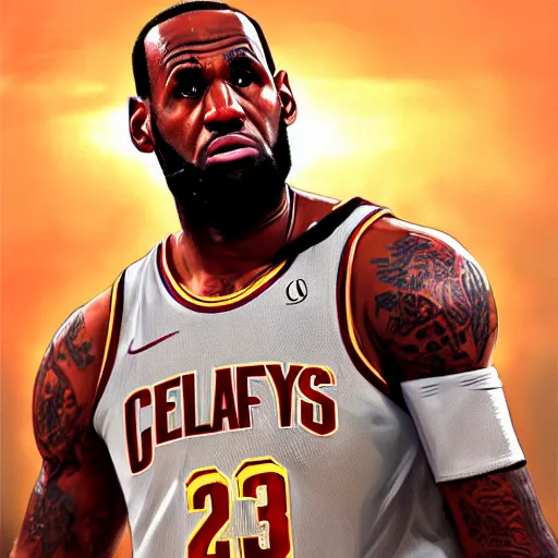 Image similar to highly detailed portrait lebron james basketball player in gta v, stephen bliss, unreal engine, fantasy art by greg rutkowski, loish, rhads, ferdinand knab, makoto shinkai and lois van baarle, ilya kuvshinov, rossdraws, tom bagshaw, global illumination, radiant light, detailed and intricate environment