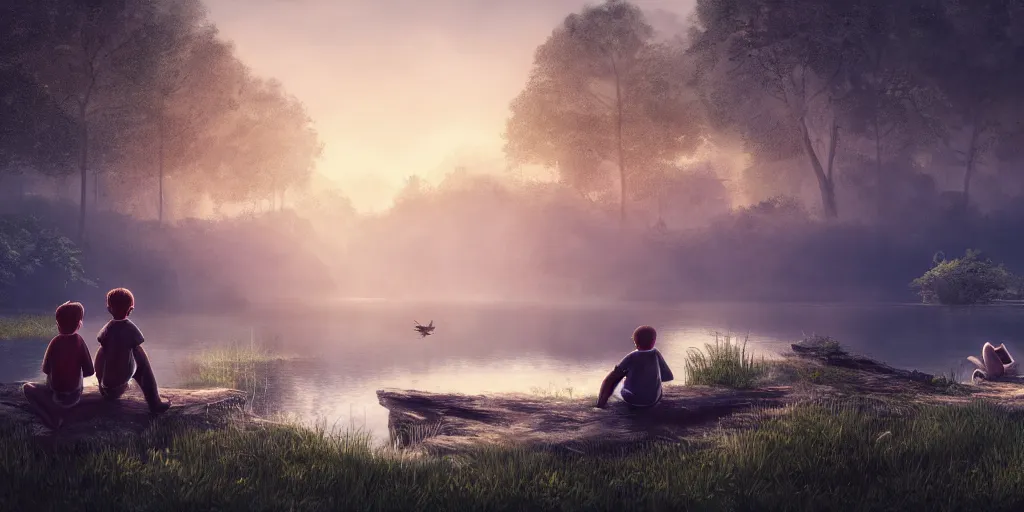 Image similar to a big silver dragon and a boy sitting next to lake in forest, many fireflys, at night, concept art, dof, cryengine, digital art, detailed background, makoto shinkai