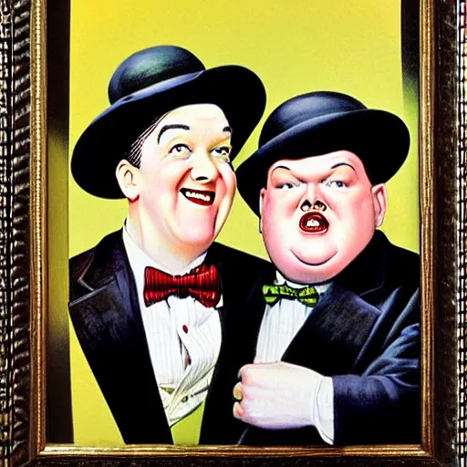 Image similar to A portrait of Stan Laurel and Oliver Hardy in hats by Frank Kelly Freas