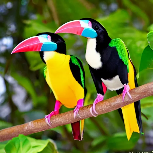 Image similar to white - breasted toucans ( ramphastos tucanus ) of gummy, lemon flavor with strawberry, cherry and orange stripes on the beak.
