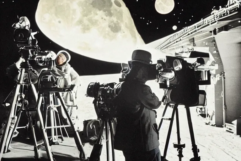 Image similar to Cinematography George Melies directing a shot from the trip to the moon movie. Cinema Camera, camera crew, movie set. Melies. Pathe. by Emmanuel Lubezky