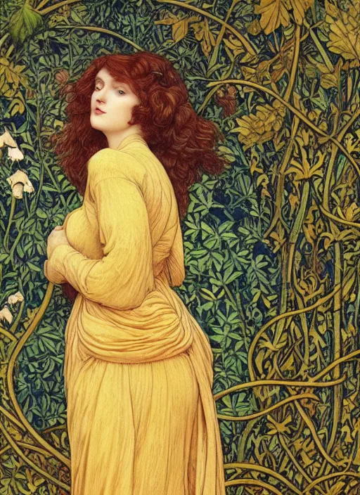 Image similar to masterpiece beautiful seductive flowing curves pose preraphaelite portrait photography, extreme closeup shot, straight bangs, thick set features, yellow ochre ornate medieval dress, amongst foliage mushroom forest arch, circle, william morris and kilian eng and mucha, framed, 4 k