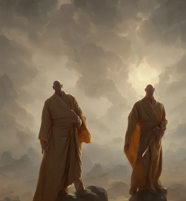 Image similar to symmetric painting of a bald tall tan man with elongated ears wearing a flowing robe overlooking the earth, nature, eyes closed, greg rutkowski, lacoste, raphael, ruan jia, trending on artstation, detailed digital art