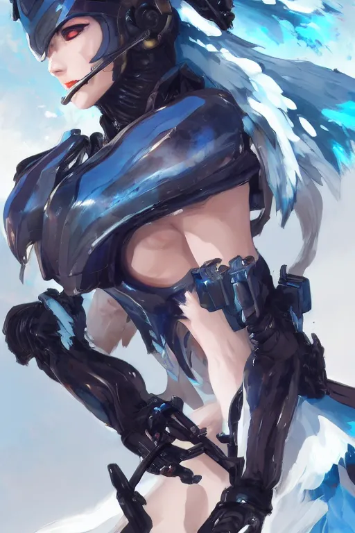 Image similar to concept art, anime portrait of a cyborg wearing an azure wolf themed armor by Stanley Artgerm Lau, WLOP, Rossdraws, James Jean, Andrei Riabovitchev, Marc Simonetti, and Sakimichan, trending on artstation