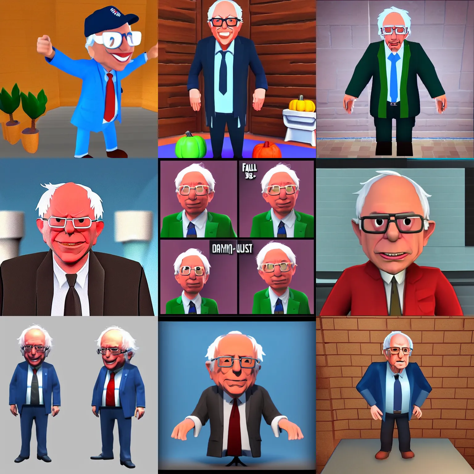 Prompt: “Bernie Sanders costume 3D model in the video game Fall Guys (2020, Epic Games)”