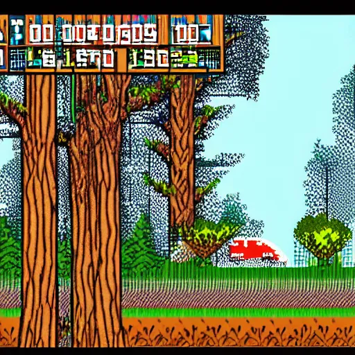 Image similar to american woodlands, ms dos game, abandonware, low res, retro, old school