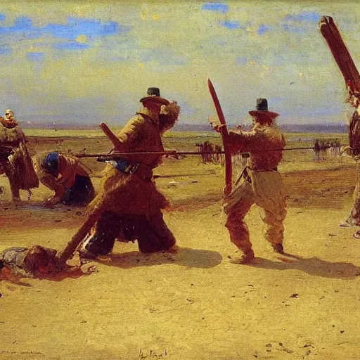 Prompt: duel between two ax - wielding bearded armed men. wide - angle. by ilya repin