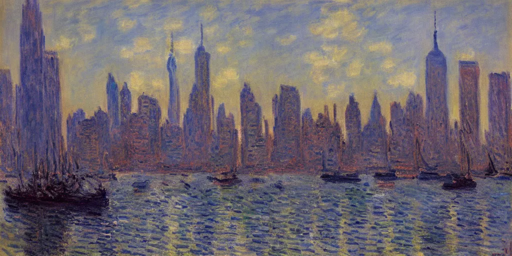 Image similar to an oil painting of the New York city by Oscar-Claude Monet