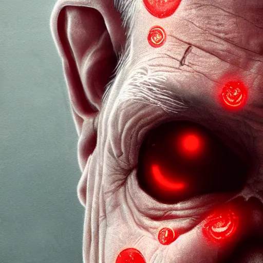 Prompt: close-up, symmetrical, portrait of an old man, glowing red eyes, bruised, scarred, marvel art, art by greg rutkowski, matte painting, trending on artstation