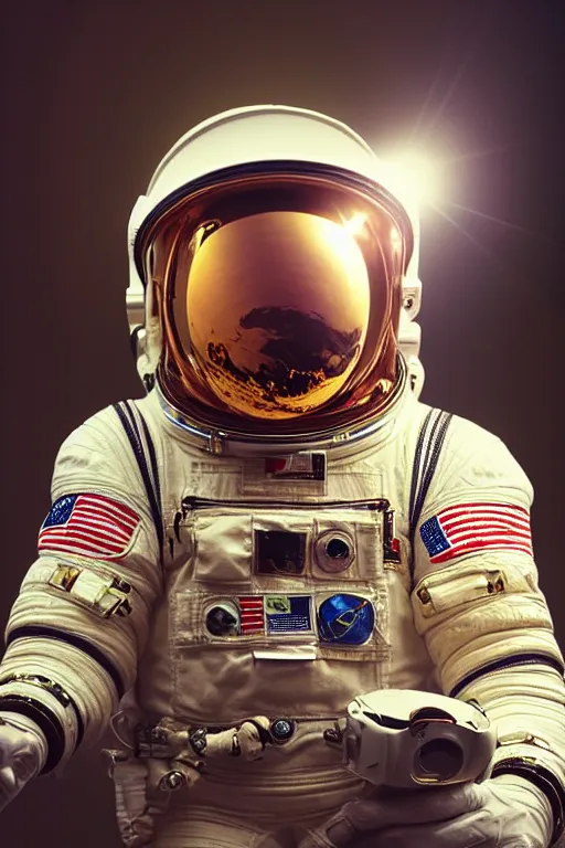 Image similar to extremely detailed studio portrait of space astronaut taking a selfie, holds a smart phone in one hand, phone!! held up to visor, reflection of phone in visor, moon, extreme close shot, soft light, golden glow, award winning photo by michal karcz and yoshitaka amano