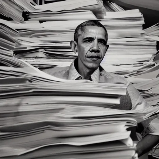 Prompt: obama nervously standing by a mountain of papers, videogame still, portrait, 4 0 mm lens, shallow depth of field, close up, split lighting, cinematic