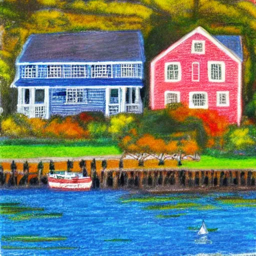 Prompt: “an idyllic, charming New England town by the seaside with colorful buildings, oil pastel”