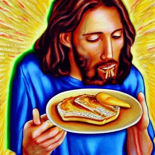 Image similar to photo realistic portrait of jesus eating toast, made with crayons