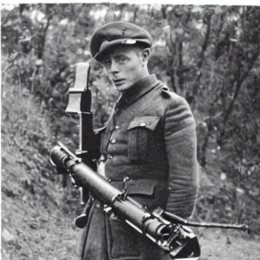 Image similar to old wartime photograph of elon musk holding a lewis gun, 1 9 1 7