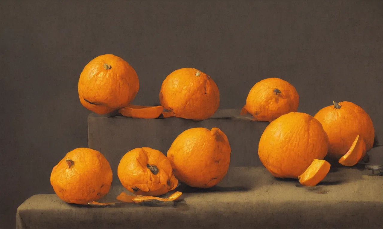 Image similar to still life of a peeled mandarin painted by Johannes Vermeer, vivid colors, high details, cinematic, 8k resolution, beautiful detailed, photorealistic, digital painting, artstation, concept art, smooth, sharp focus, illustration, fantasy background, artstation trending, octane render, unreal engine