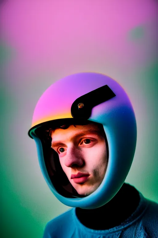 Image similar to high quality pastel coloured film mid angle portrait photograph of a beautiful young 2 0 year old male, soft features, short hair, rubber bike helmet and oversized inflated clothing!!!! icelandic black! rock pool environment. atmospheric three point light. photographic. art directed. ( pastel colours ). volumetric. clearcoat. waves. 8 k. filmic.