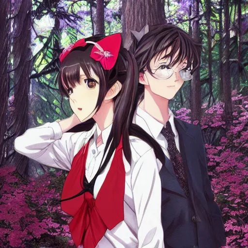 Prompt: anime key visual of a beautiful young female wearing cat ears and a boy wearing white shirt and red tie, intricate, magical forest, stunning, highly detailed, digital painting, artstation, smooth, hard focus, illustration, predator movie, prey movie ( 2 0 2 2 ), art by artgerm and greg rutkowski and alphonse mucha