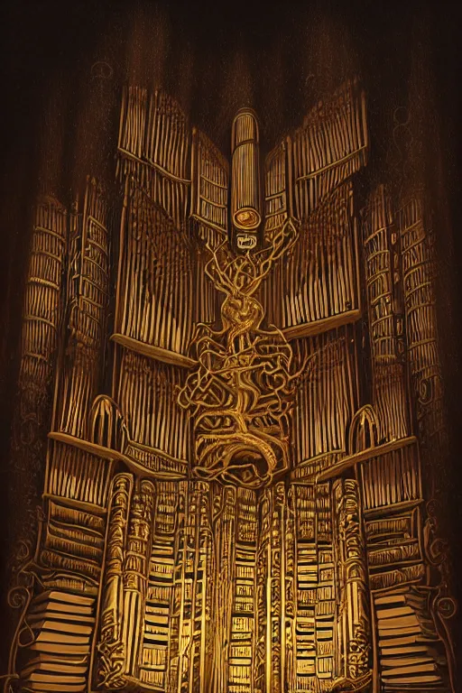 Prompt: illustration of close low angle view of an pipe organ made of books with gold spidery embellishments, night, smoke, ground fog, by vincent di fate, large depth of field, super detailed, digital art, trending on artstation, ornate