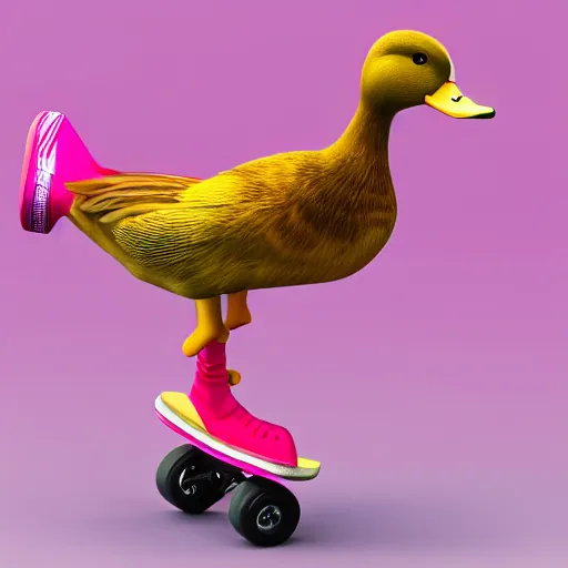 Prompt: fullbody dynamic action pose of a wild duck doing a kick flip on a pink skateboard, 3 d high detail render