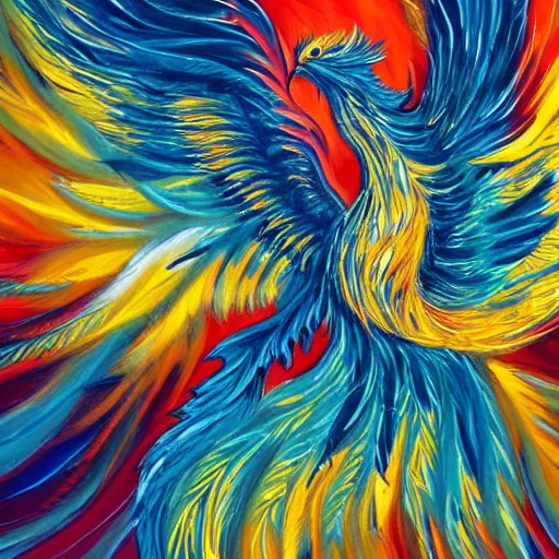 Prompt: a perfect painting of a rising phoenix, swirled orange and yellow paint, expressive brush strokes, bramble sparks and particles of hot fire in the air as this phoenix rises from the ashes