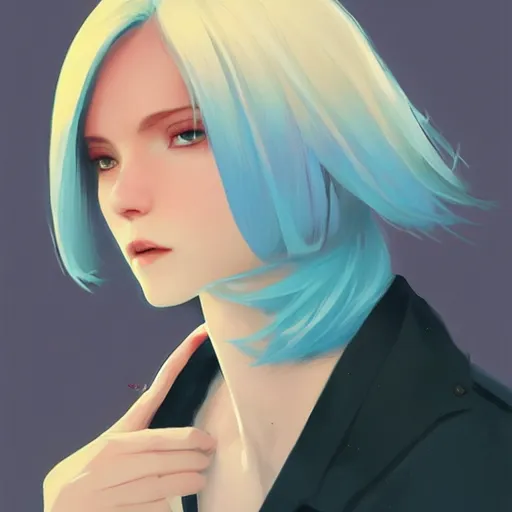 Image similar to ilya kuvshinov with long sky blue hair, gold eyes, boyish face, professional digital painting, concept art, ultra sharp, 8 k, cinematic, wlop, color block, in the background, art by greg rutkowski, pixiv art, art nouveau, yoshitaka amano