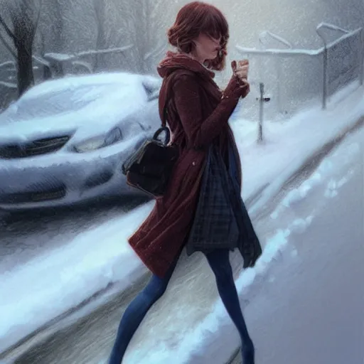 Image similar to ultra realistic illustration, emma stone getting out of a taxi in winter, intricate, elegant, highly detailed, digital painting, artstation, concept art, smooth, sharp focus, illustration, art by artgerm and greg rutkowski and alphonse mucha