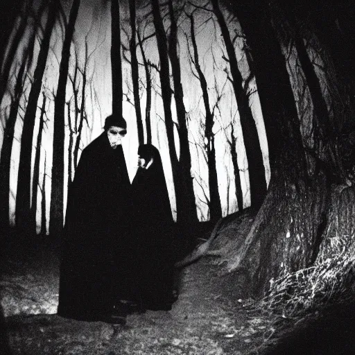 Prompt: photo of boris karloff as frankestein and bela lugosi as dracula in a forest at night, telephoto long distance shot, black and white, low light, vignette, fujifilm, creepy, dark, atmospheric, 3 5 mm, surveillance footage, fisheye