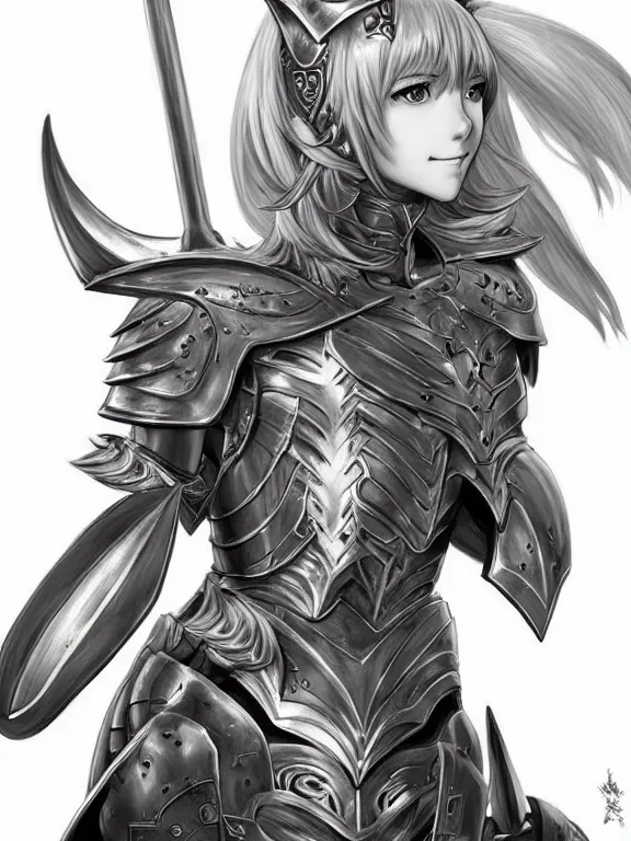 Prompt: picture of paladin girl with cat ears and cat tail, heavy armor, dnd, high fantasy, highly detailed, detailed face, grayscale monochromatic, manga illustration, by artgerm, rossdraws, kentaro miura