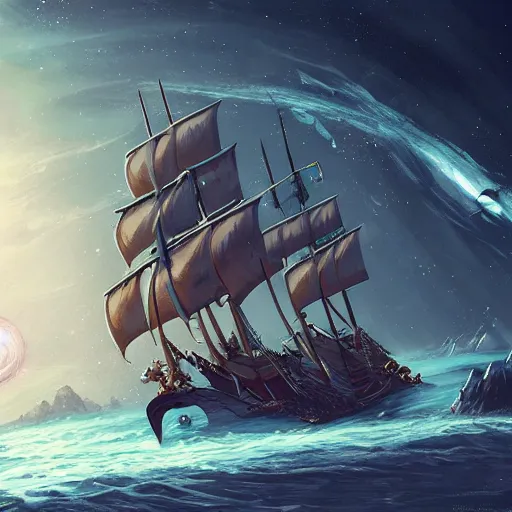 Prompt: pirate ship sailing through space with distant planets visible in the background no water, trending on artstation, ultra fine detailed, hyper detailed, hd, concept art, digital painting