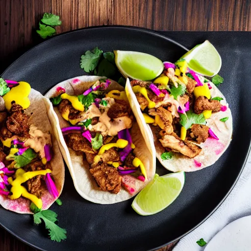 Prompt: delicious street taco with just grilled chicken bits, 8 k, mega high quality, professional food photography, award winning photo, foodporn