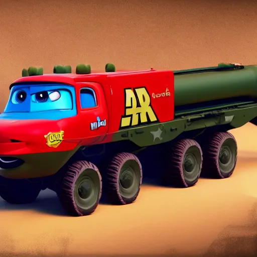 Image similar to HIMARS rocket launcher, disney pixar Cars character concept artwork, 3d concept, high detail iconic character for upcoming film, 8k octane render, 3d, 8k octane render