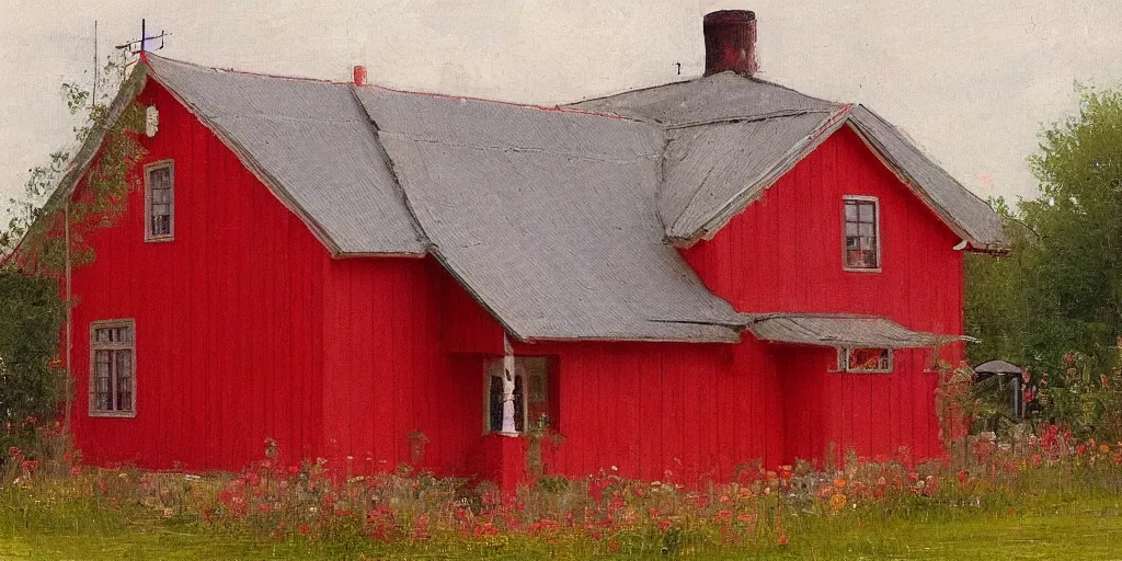 Prompt: a swedish red cottage in the style of ilya repin