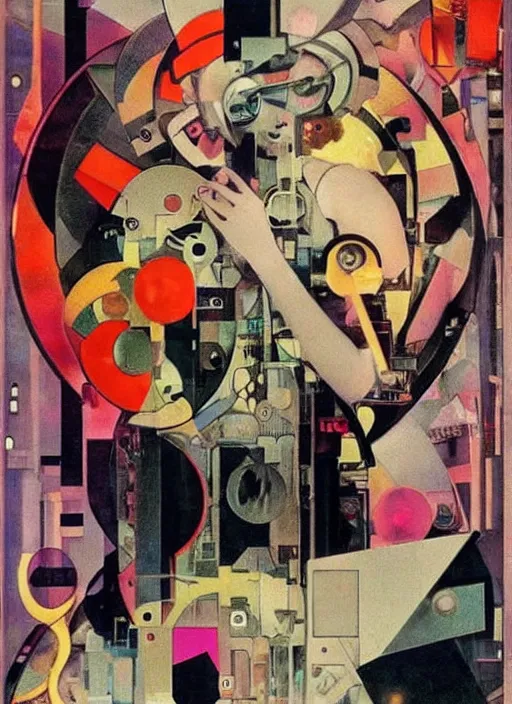 Image similar to cute punk goth fashion fractal mecha blonde girl wearing a television tube helmet and kimono made of circuits and leds, Techno surreal Dada collage by Man Ray Kurt Schwitters Hannah Höch Alphonse Mucha Beeple