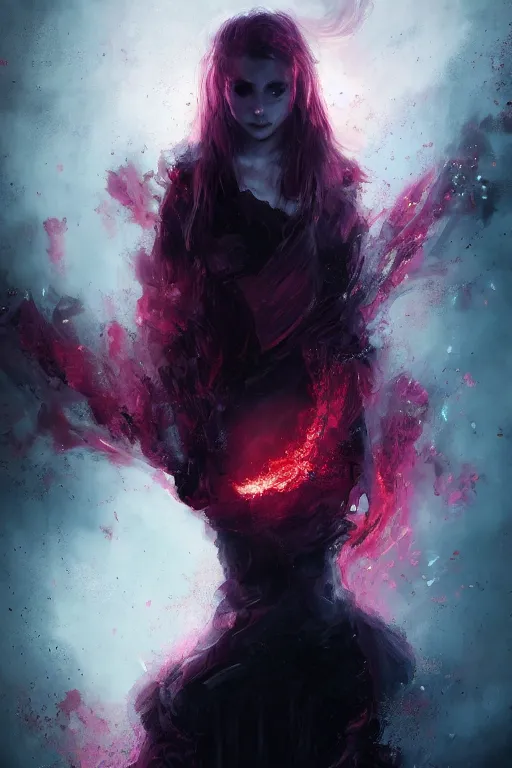 Image similar to a beautiful portrait of a young Demon women covered in deep purple flames by Greg Rutkowski, Sung Choi, Mitchell Mohrhauser, Maciej Kuciara, Johnson Ting, Maxim Verehin, Peter Konig, Bloodborne , 8k photorealistic, cinematic lighting, HD, high details, atmospheric , trending on artstation