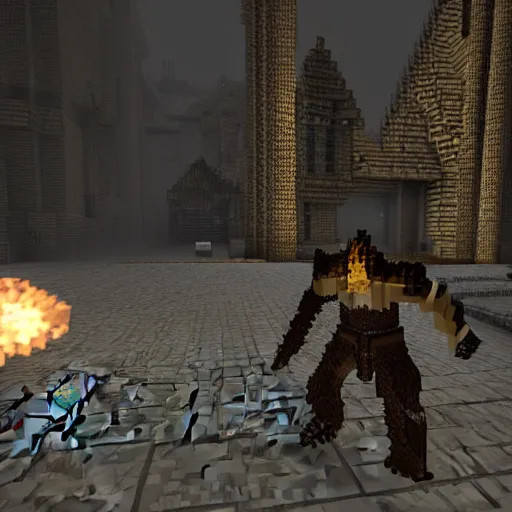 Image similar to gameplay screenshot of the game dark souls in the style of minecraft, a dark souls final boss battle in anor londo in the style of minecraft, unreal engine, raytracing and volumetric lighting, highly detailed