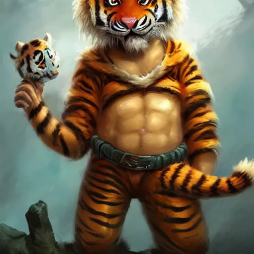 Image similar to cute little anthropomorphic tiger wearing safari outfit, ultra wide lens shot , tiny, small, short, cute and adorable, pretty, beautiful, DnD character art portrait, matte fantasy painting, DeviantArt Artstation, by Jason Felix by Steve Argyle by Tyler Jacobson by Peter Mohrbacher, cinematic lighting