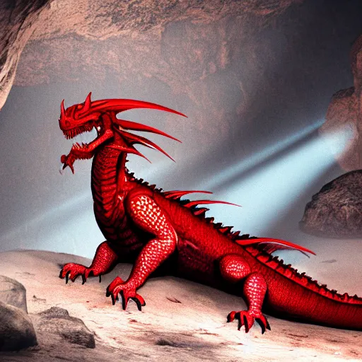 Image similar to photo of a large red scaly dragon sleeping on a mountain of human bones in a dark dusty cave with a ray of light shining on it\'s face. Very detailed 8k. fantasy