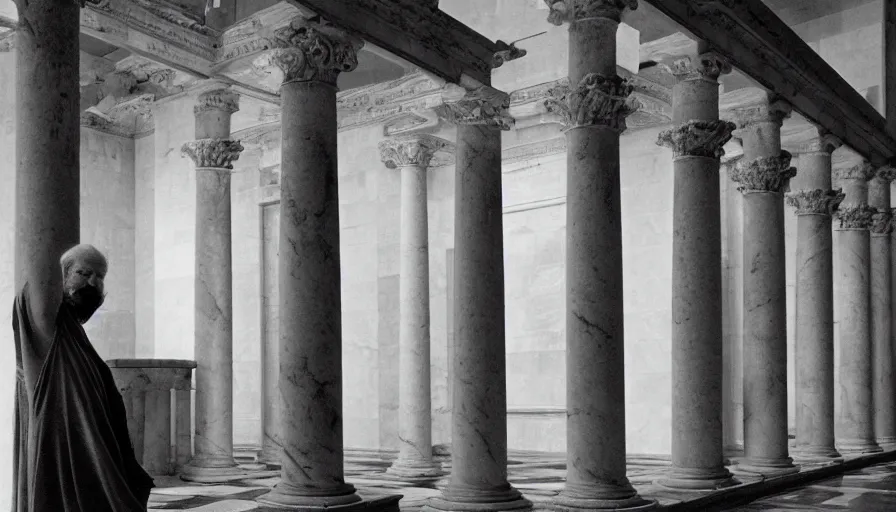 Prompt: 1 9 6 0 s movie still by tarkovsky of an elder socrates in dark drapery in a neoclassical marble temple, cinestill 8 0 0 t 3 5 mm b & w, high quality, heavy grain, high detail, panoramic, ultra wide lens, cinematic composition, dramatic light, anamorphic, piranesi style